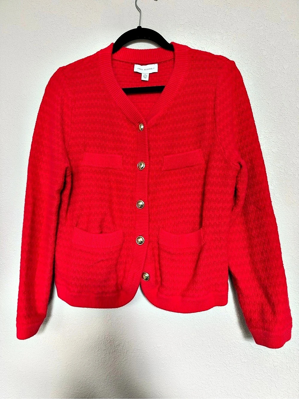 Free Assembly Women's Textured Cardigan Sweater with Welt Pockets Red Medium